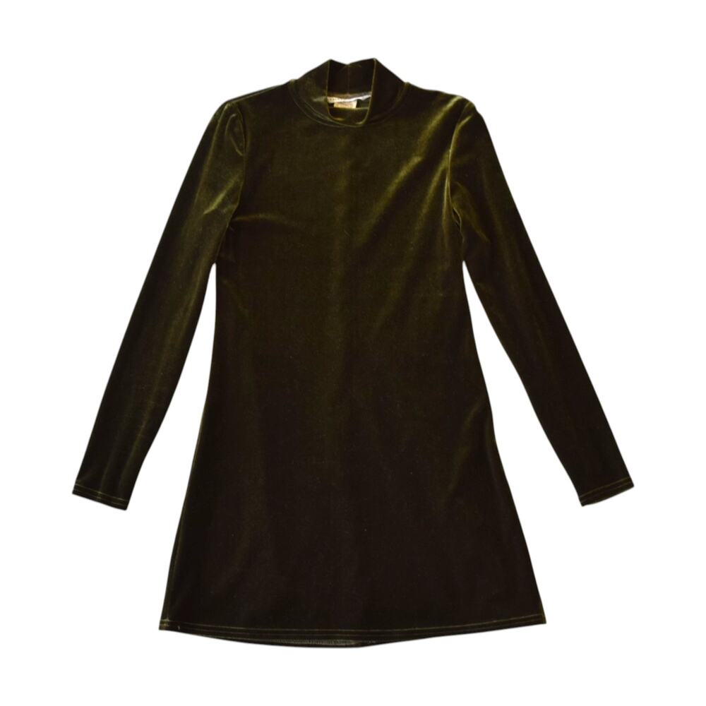 Vintage Olive Green Velvet Long Sleeve Mini Dress Size Small